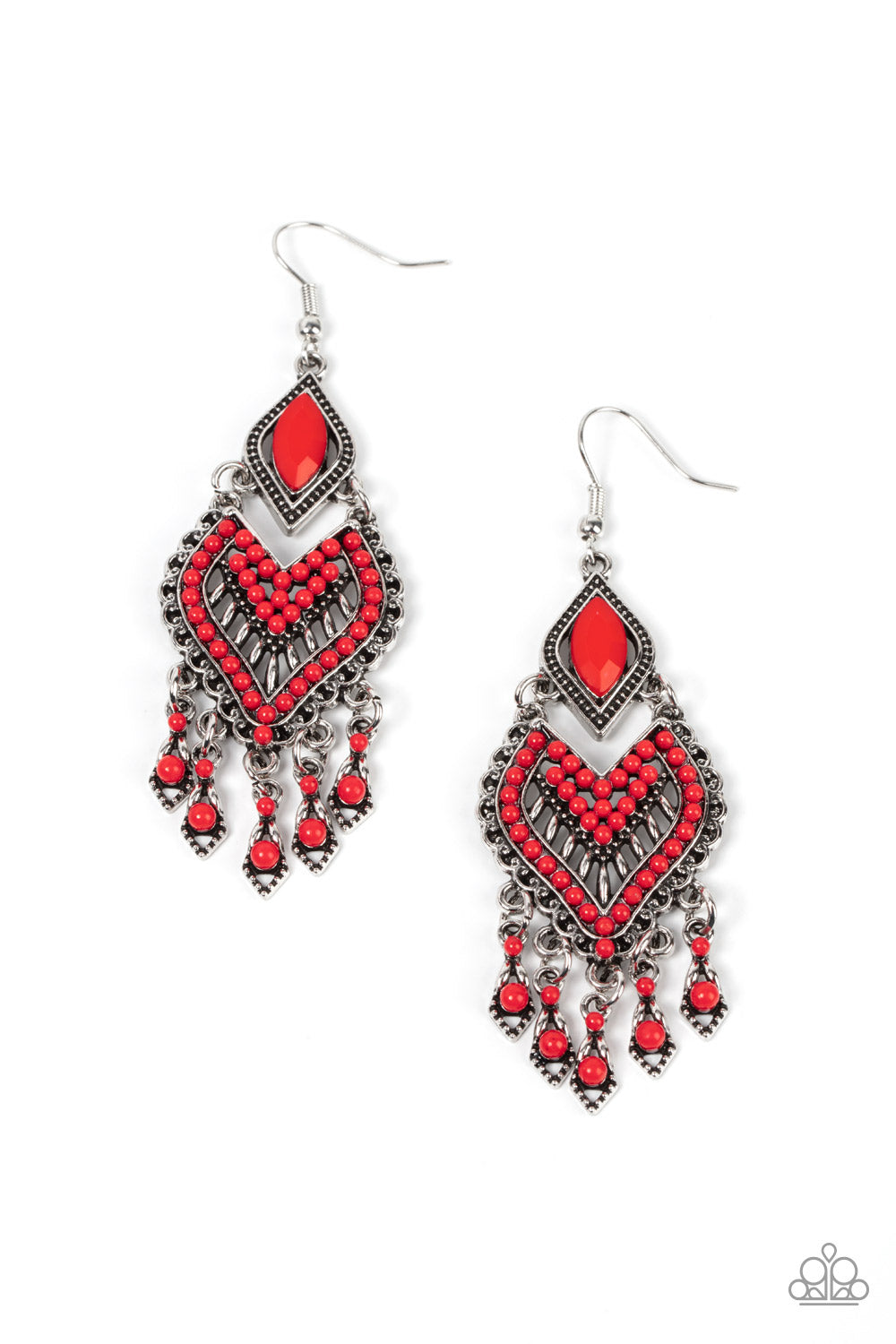 Dearly Debonair - Red Seed Bead & Scalloped Heart Frame Paparazzi Earrings