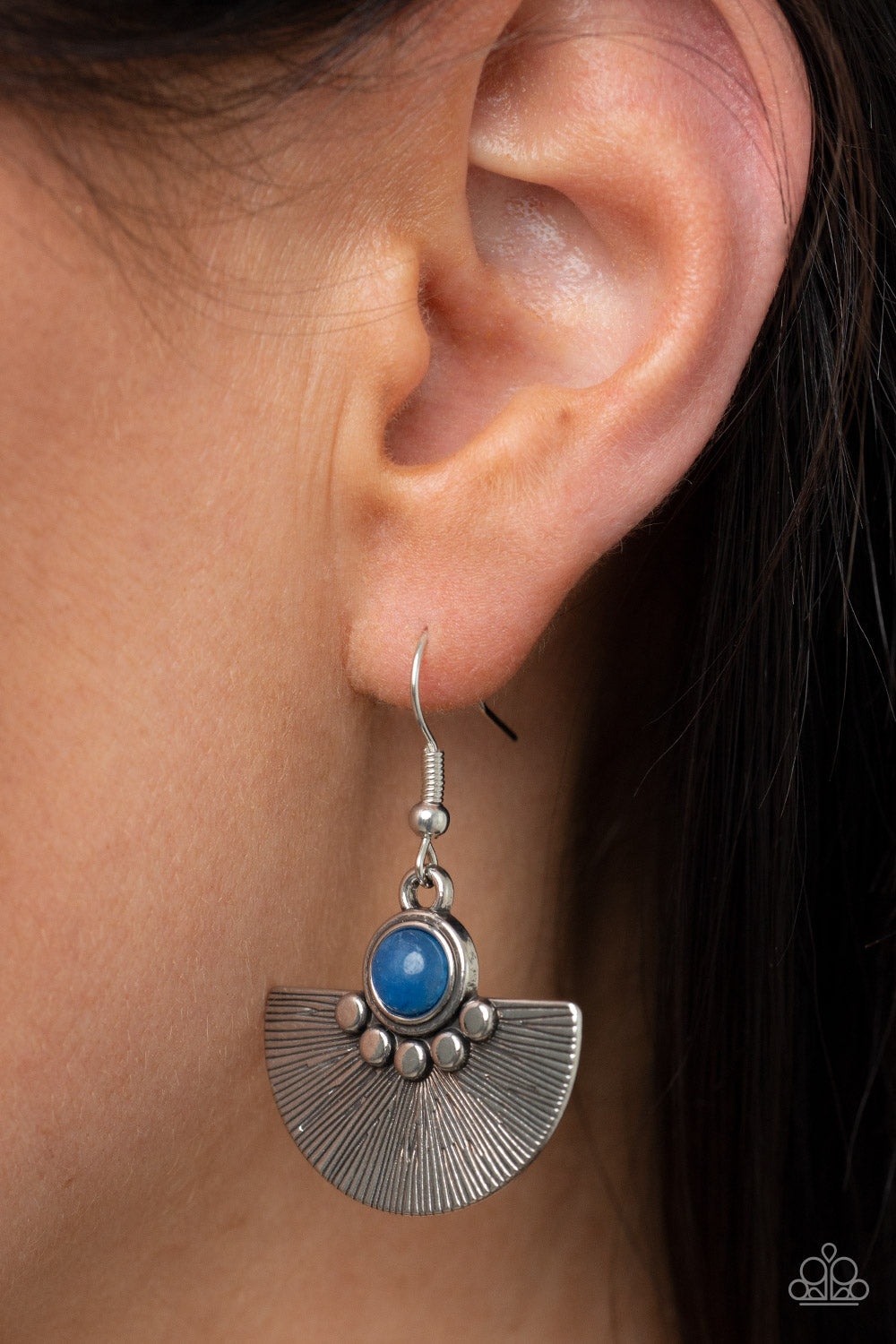 Manifesting Magic - Blue Bead, Silver Stud, & Textured 1/2 Moon Paparazzi Earrings