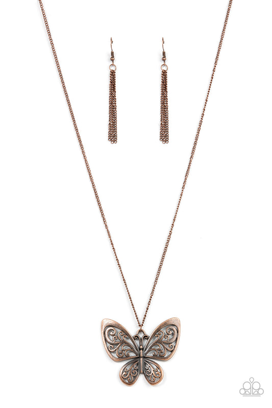 Butterfly Boutique - Copper Rustic Butterfly Pendant Paparazzi Necklace & matching earrings