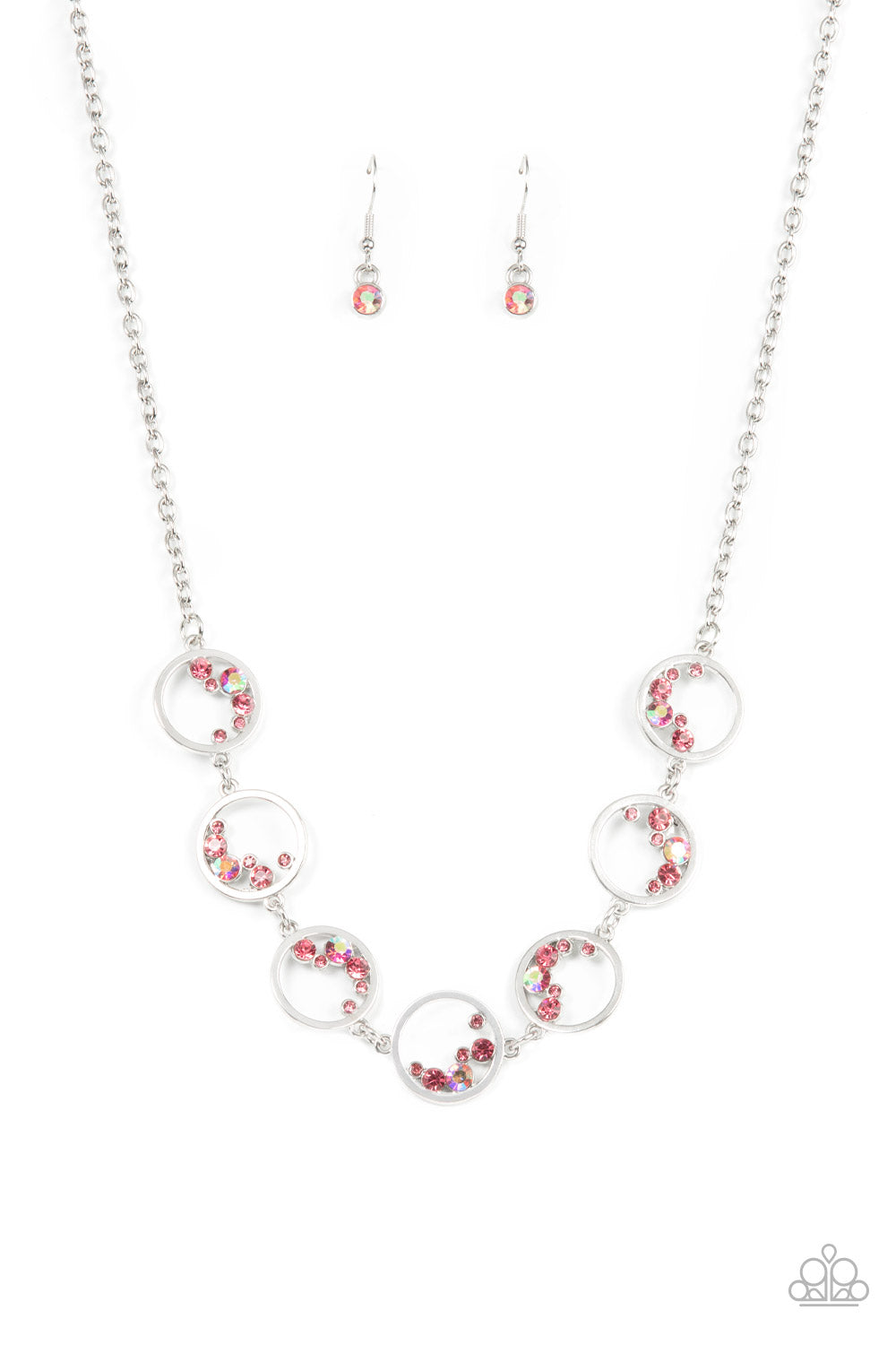 Blissfully Bubbly - Pink Iridescent Rhinestones & Shiny Silver Rings Paparazzi Necklace & matching earrings