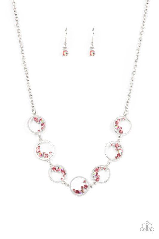 Blissfully Bubbly - Pink Iridescent Rhinestones & Shiny Silver Rings Paparazzi Necklace & matching earrings