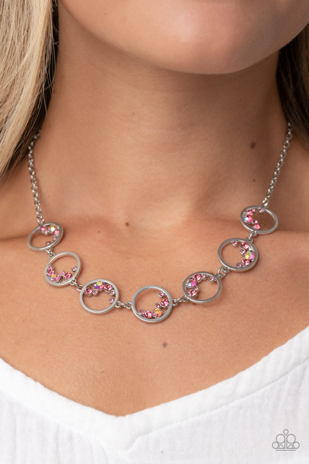 Blissfully Bubbly - Pink Iridescent Rhinestones & Shiny Silver Rings Paparazzi Necklace & matching earrings