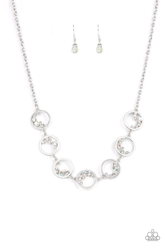 Blissfully Bubbly - White Iridescent Rhinestone/Dainty Silver Rings Paparazzi Necklace & matching earrings