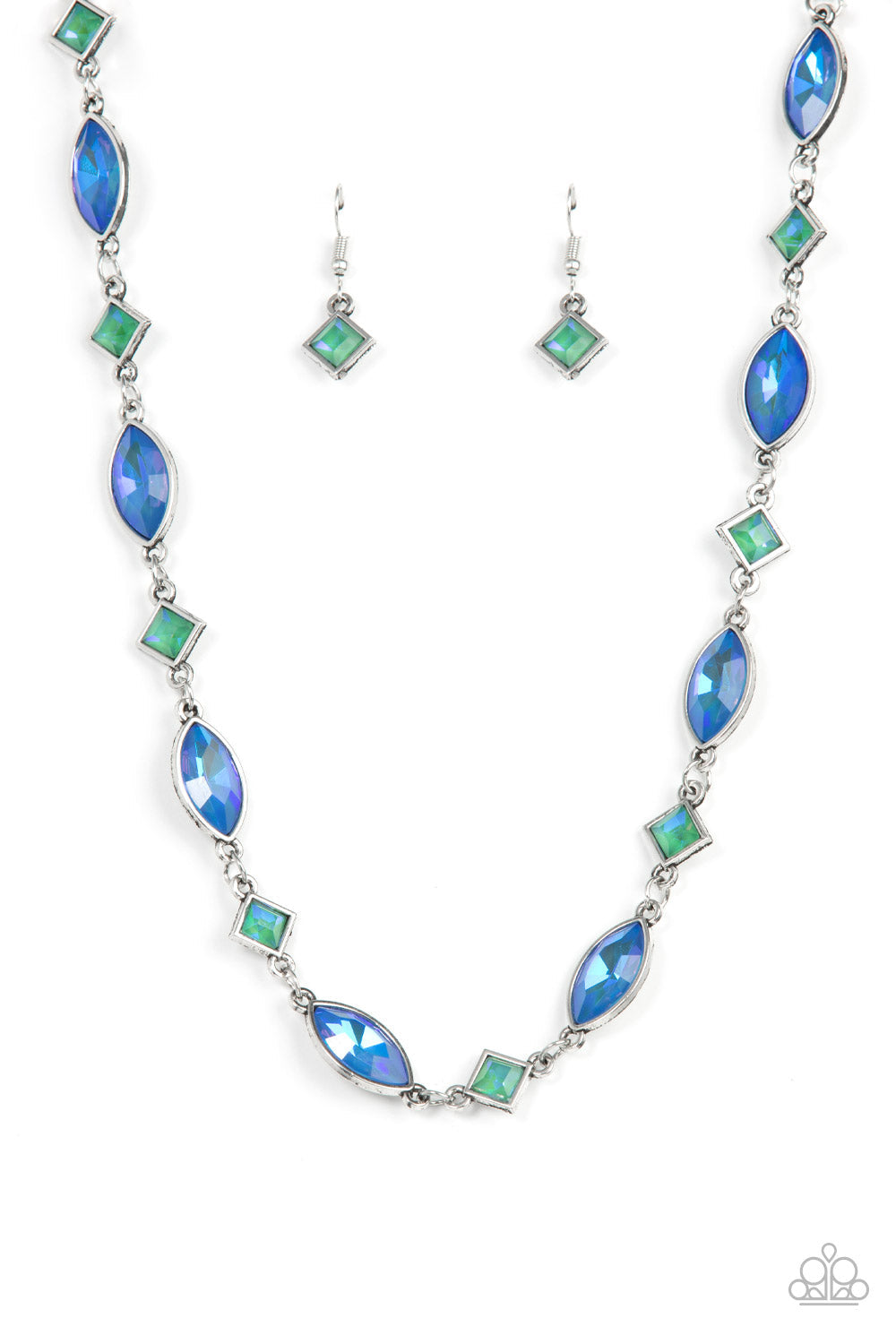 Prismatic Reinforcements - Multi Blue & Green Opalescent Rhinestone Paparazzi Necklace & matching earrings