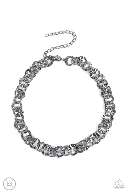 Rebel Grit - Gunmetal Crinkled Ring Paparazzi Choker Necklace & matching earrings