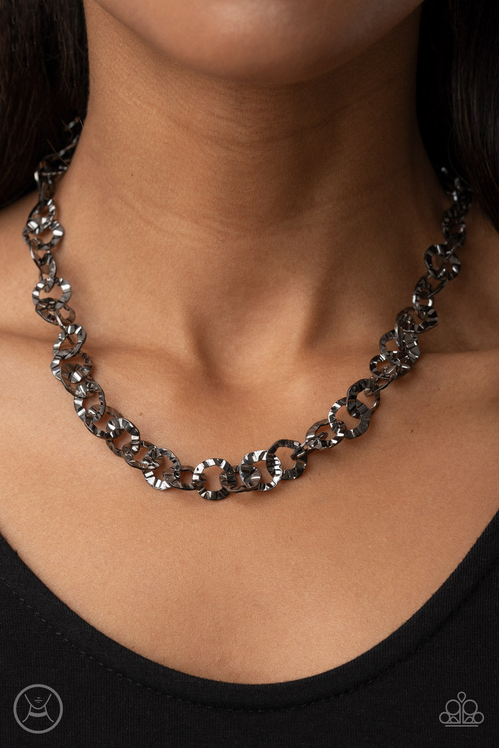 Rebel Grit - Gunmetal Crinkled Ring Paparazzi Choker Necklace & matching earrings