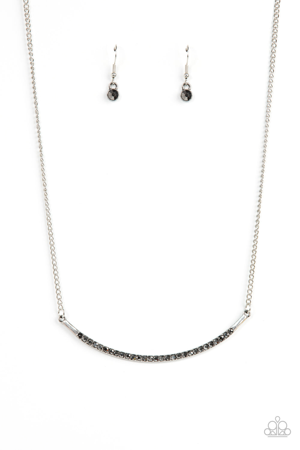 Collar Poppin Sparkle - Silver/Hematite Rhinestone Encrusted Curved Bar Paparazzi Necklace & matching earrings