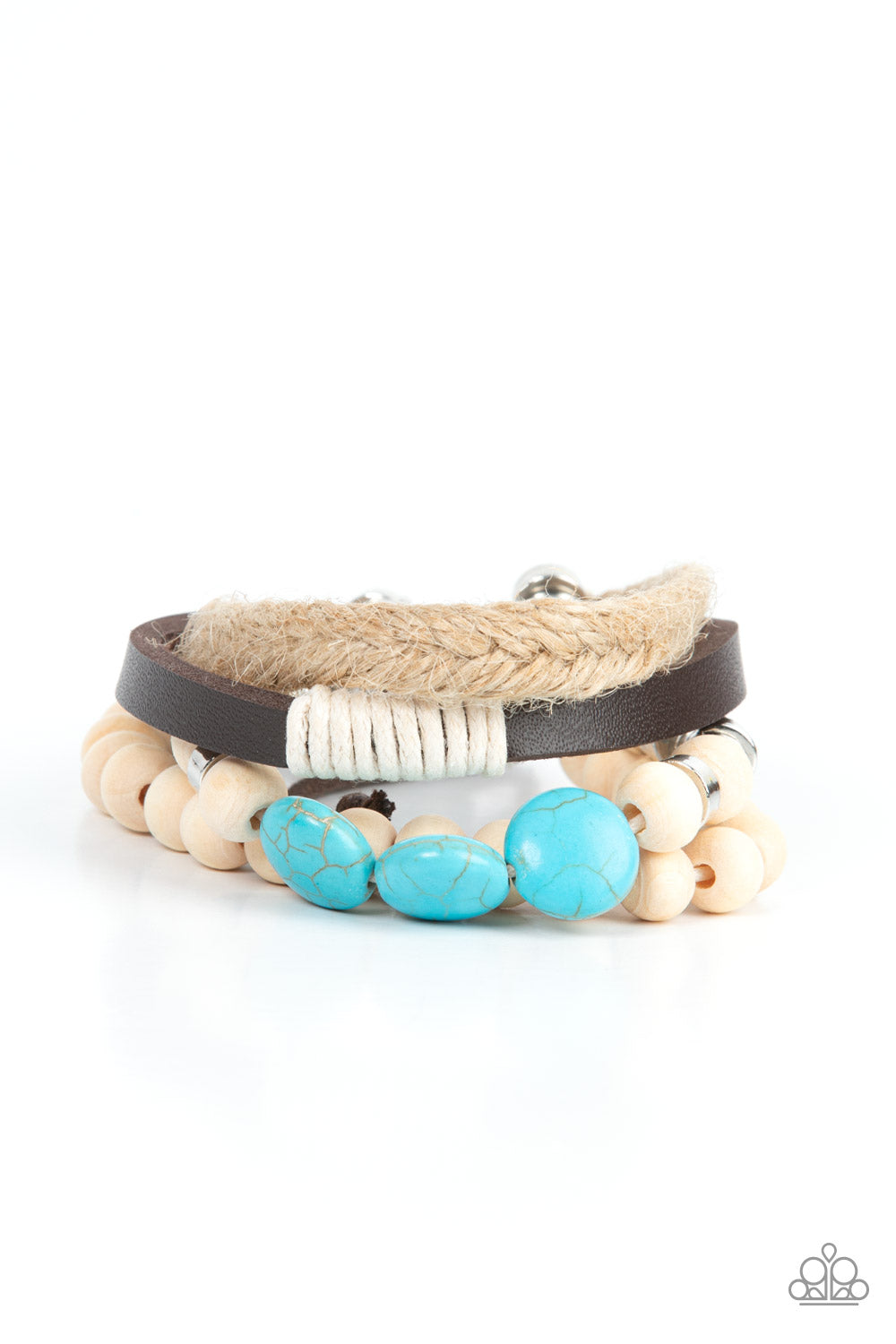 DRIFTER Away - Blue/Turquoise Stones, White Wooden Beads, Silver Beads, Brown Leather, & Twine Paparazzi Urban Bracelet