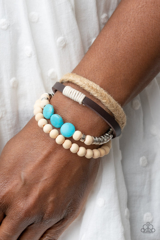 DRIFTER Away - Blue/Turquoise Stones, White Wooden Beads, Silver Beads, Brown Leather, & Twine Paparazzi Urban Bracelet