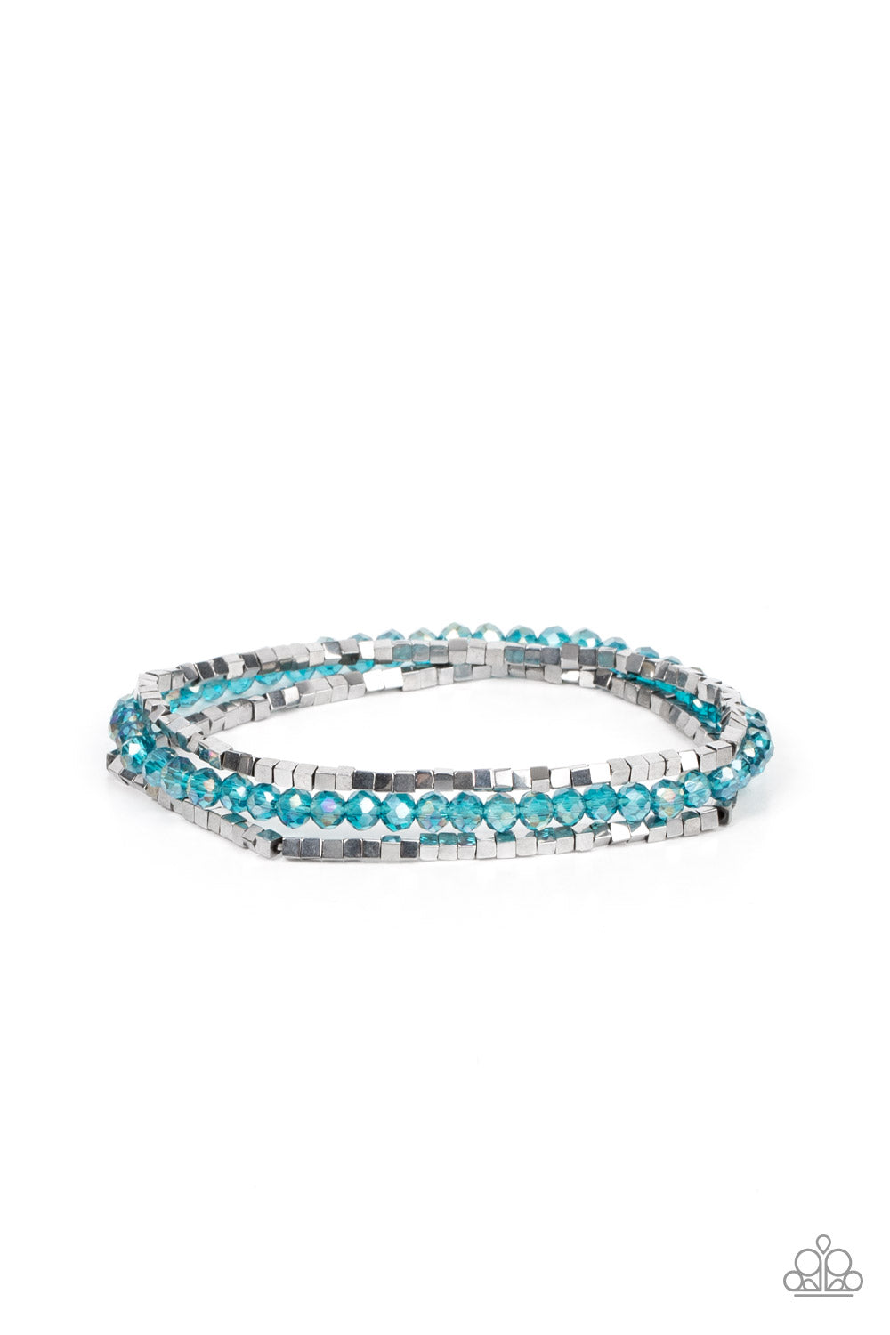 Just a Spritz - Blue Iridescent & Silver Cube Beaded Paparazzi Set of 3 Stretch Bracelets