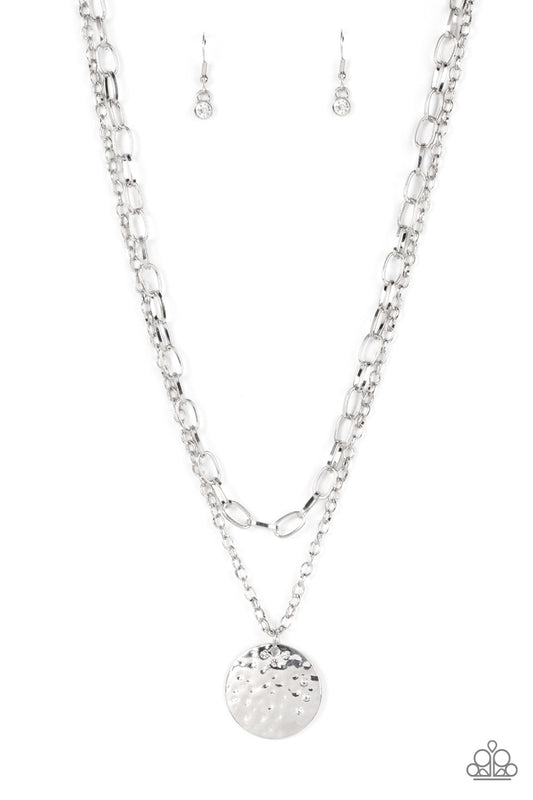 Highlight of My Life - White Rhinestone Dotted Oversized Hammers Disc Pendant Paparazzi Necklace & matching earrings