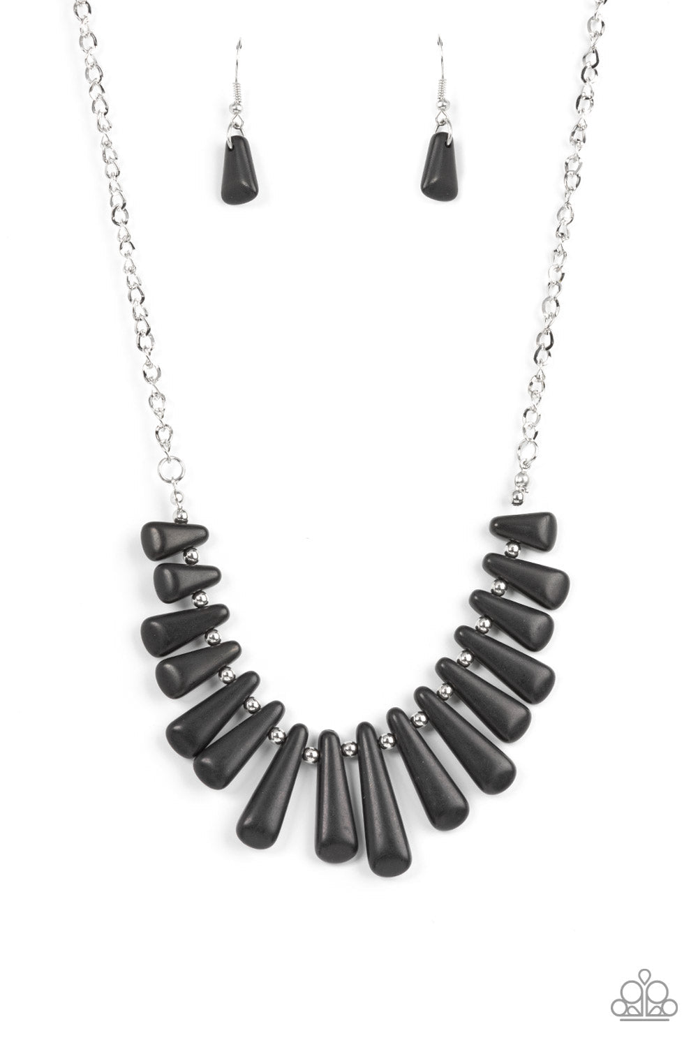 Mojave Empress - Black Triangular Stones/Dainty Silver Beaded Paparazzi Necklace & matching earrings