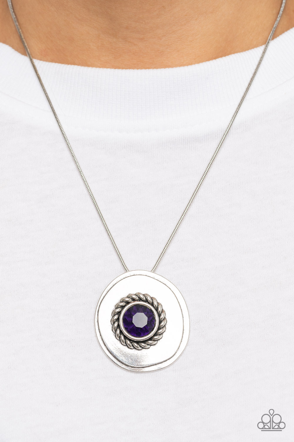 Make Me a MEDALLION-aire - Purple Oversized Rhinestone & Textured Asymmetrical Disc Pendant Paparazzi Necklace & matching earrings