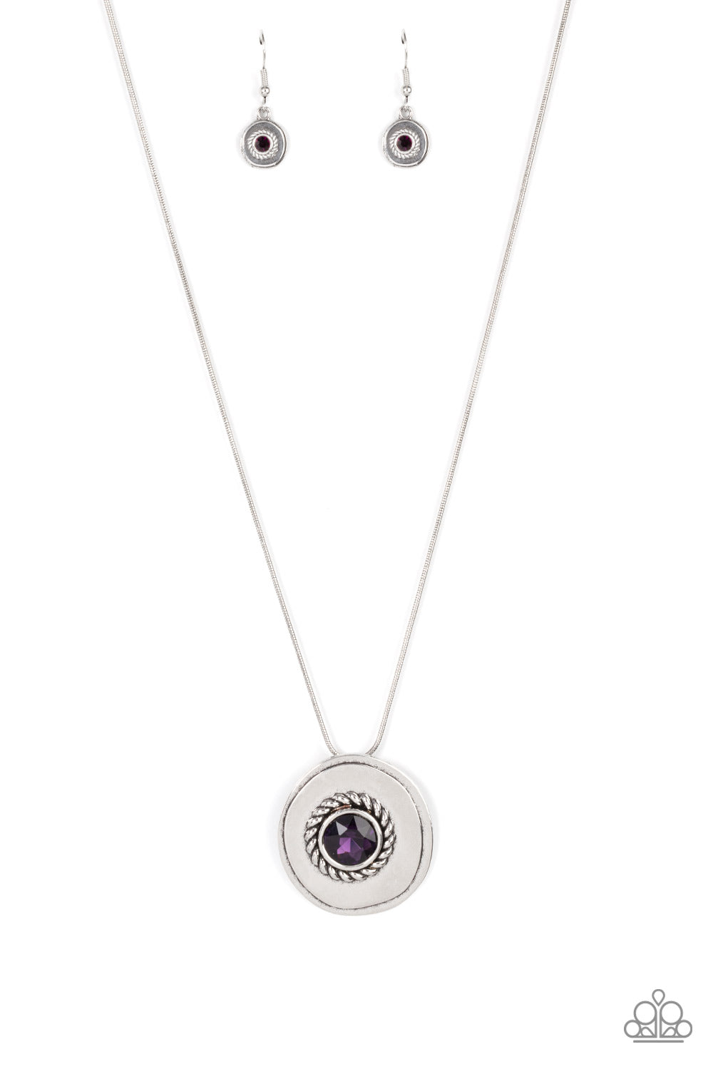 Make Me a MEDALLION-aire - Purple Oversized Rhinestone & Textured Asymmetrical Disc Pendant Paparazzi Necklace & matching earrings