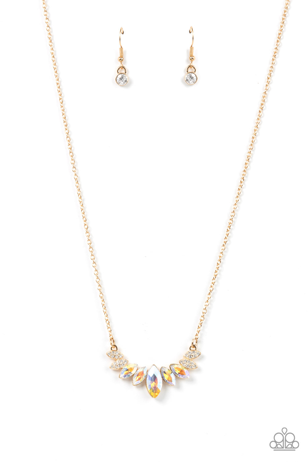 One Empire at a Time - Gold Frame, Iridescent & White Rhinestone Paparazzi Necklace & matching earrings