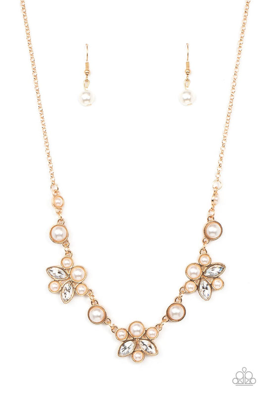 Royally Ever After - Gold Frames & White Pearl Cluster Paparazzi Necklace & matching earrings