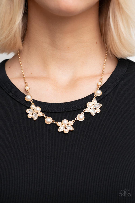 Royally Ever After - Gold Frames & White Pearl Cluster Paparazzi Necklace & matching earrings