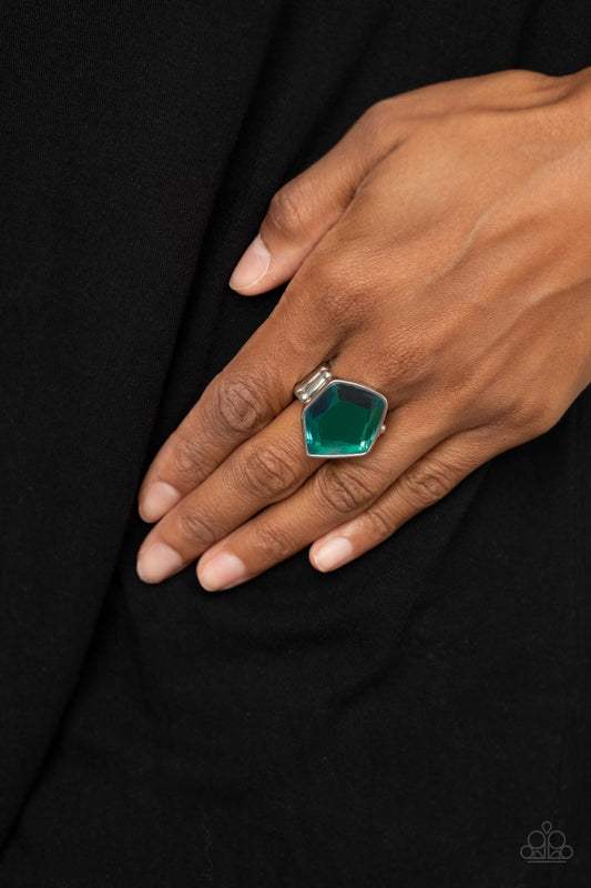 Abstract Escapade - Green UV Finish Faceted Gem Paparazzi Ring