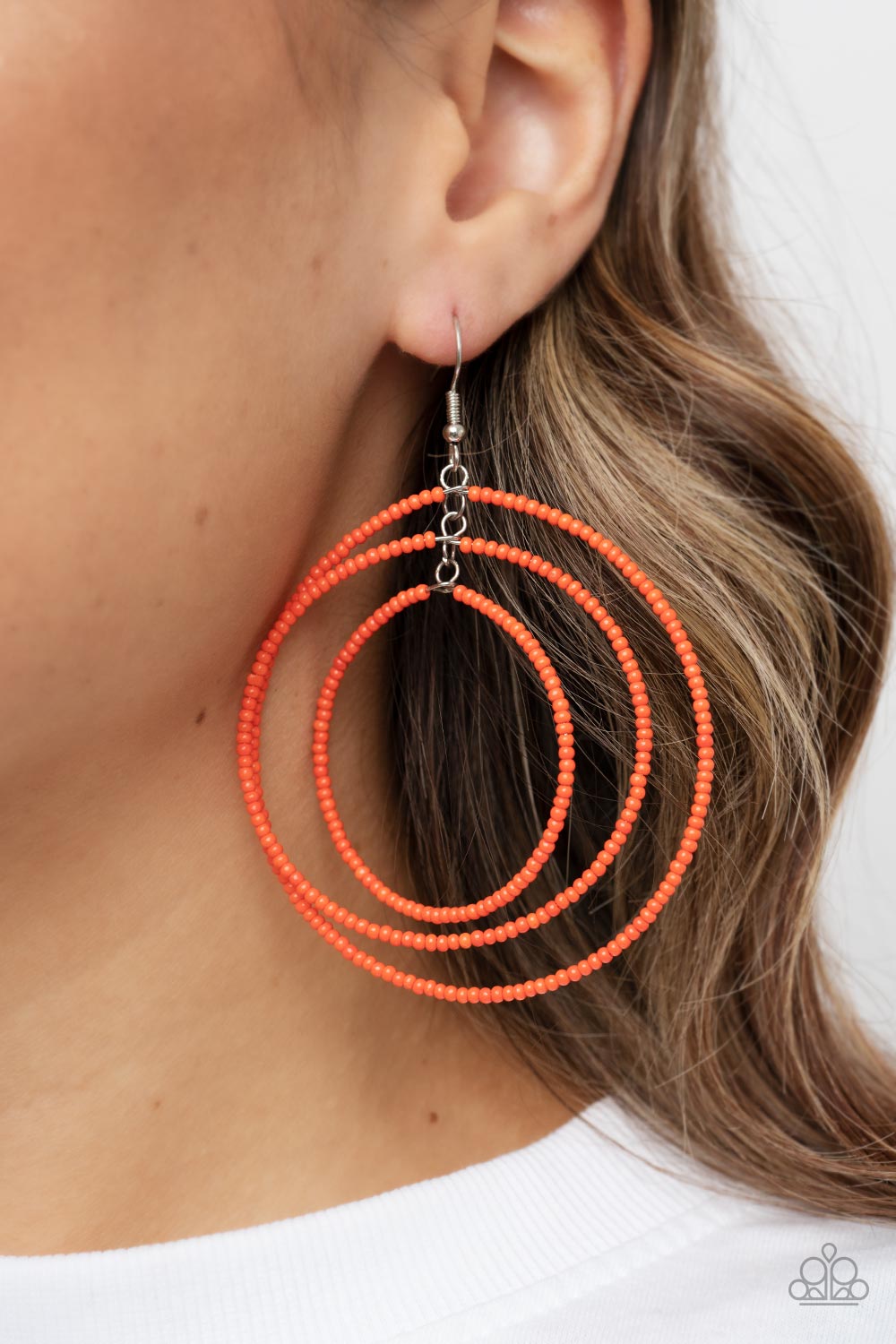 Colorfully Circulating - Orange Seed Bead Oversized Ring Paparazzi Earrings