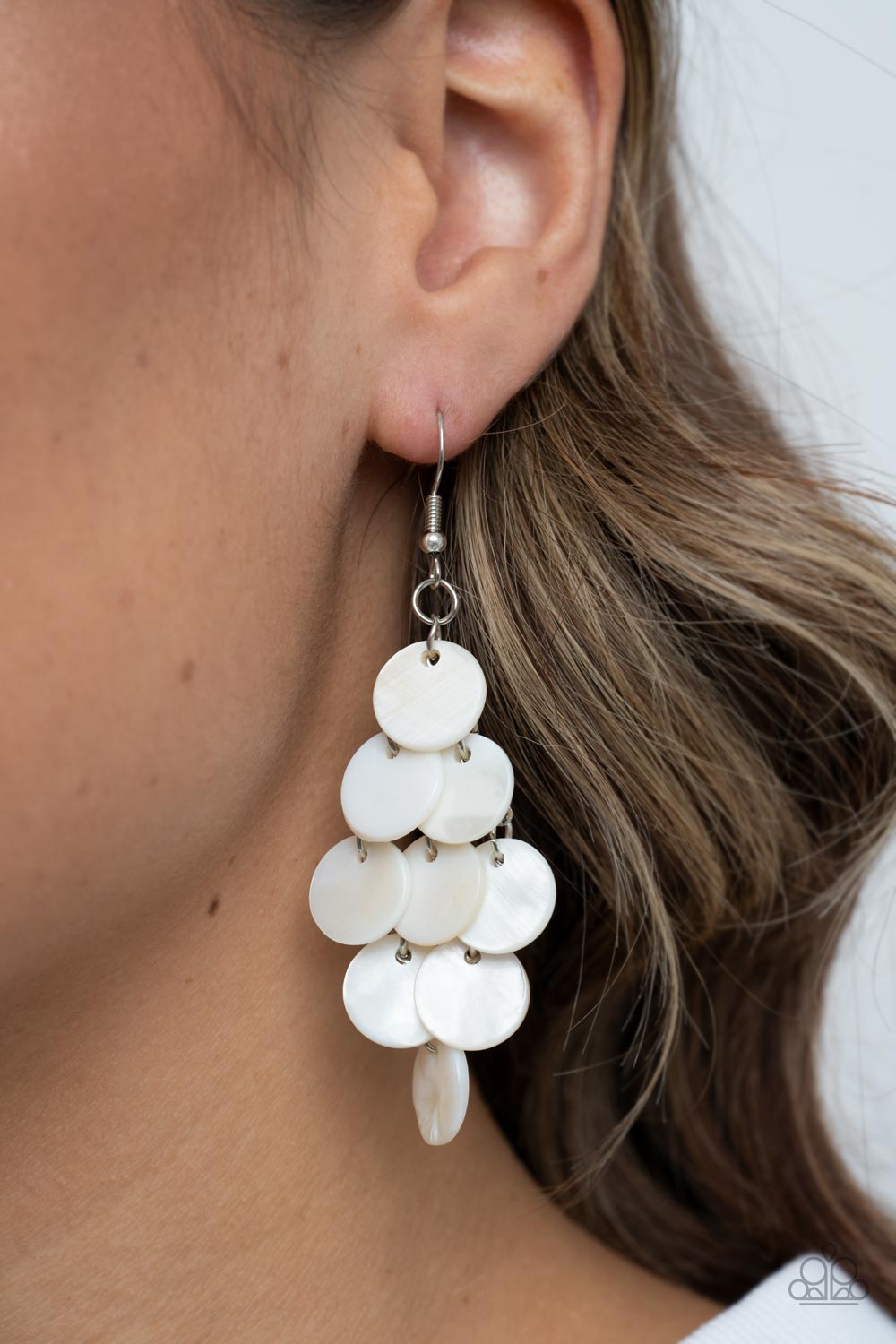 Tropical Tryst - White Shell-Like Disc Paparazzi Chandelier Earrings