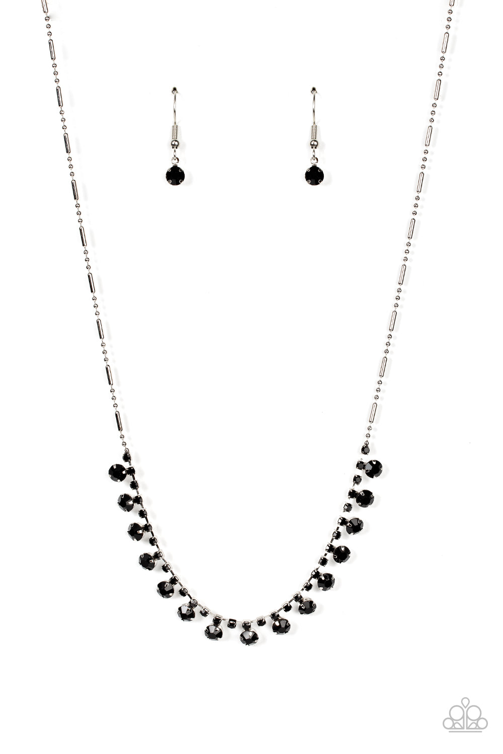 Cue the Mic Drop - Black Dainty Rhinestone Collar Paparazzi Necklace & matching earrings