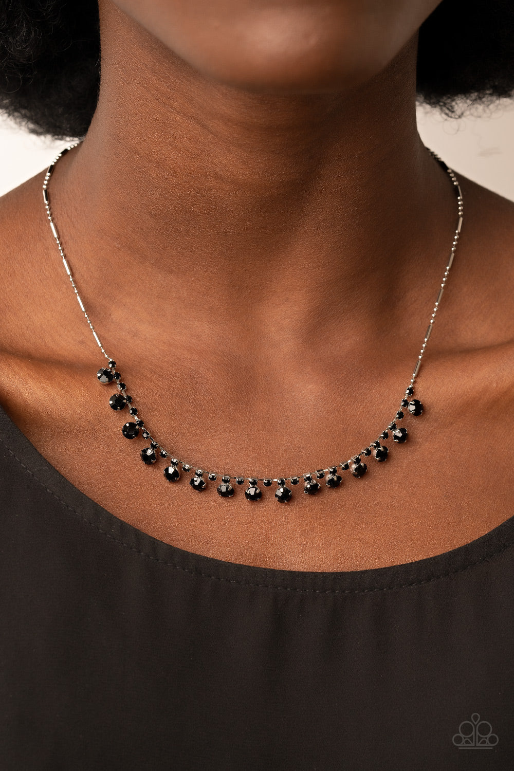 Cue the Mic Drop - Black Dainty Rhinestone Collar Paparazzi Necklace & matching earrings
