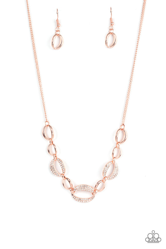 The Only Game in Town - Rose Gold Ovals/White Rhinestone Paparazzi Necklace & matching earrings