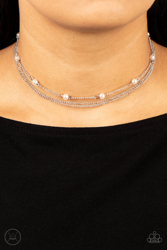Daintily Dapper - White Pearl/Dainty Silver Chain Paparazzi Choker Necklace & matching earrings