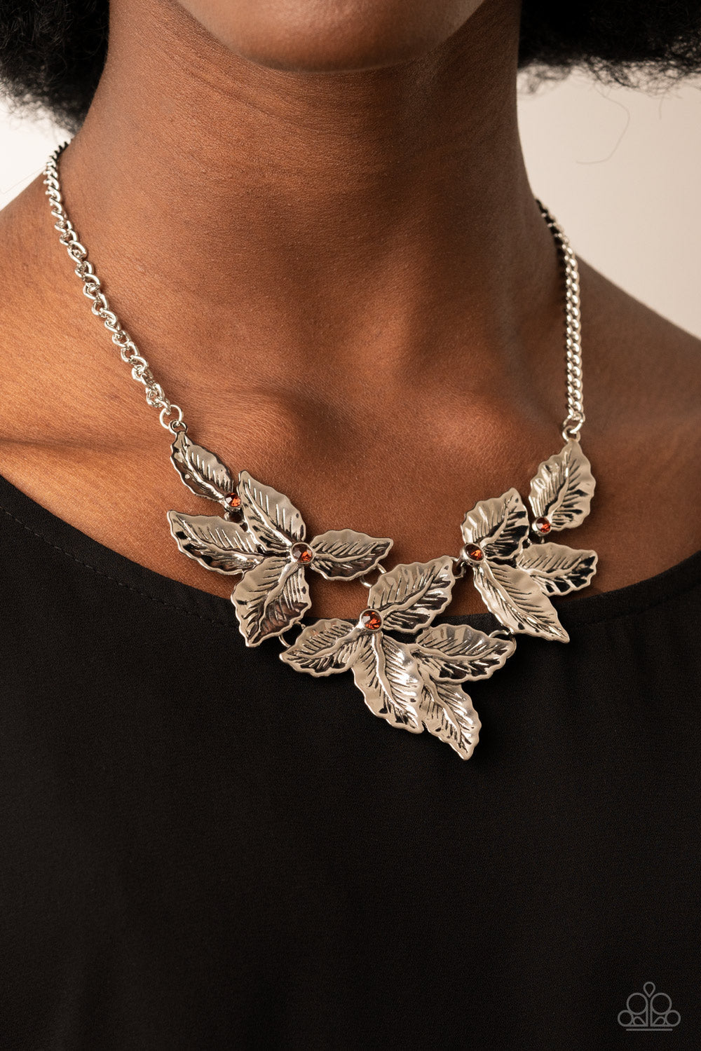 Holly Heiress - Brown/Topaz Rhinestones & Silver Holly-Like Leaves Paparazzi Necklace & matching earrings