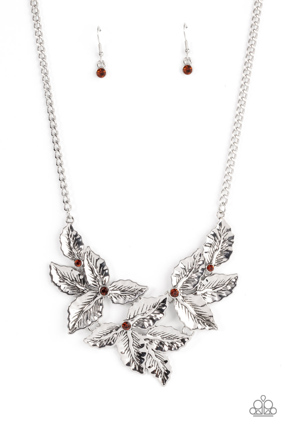 Holly Heiress - Brown/Topaz Rhinestones & Silver Holly-Like Leaves Paparazzi Necklace & matching earrings