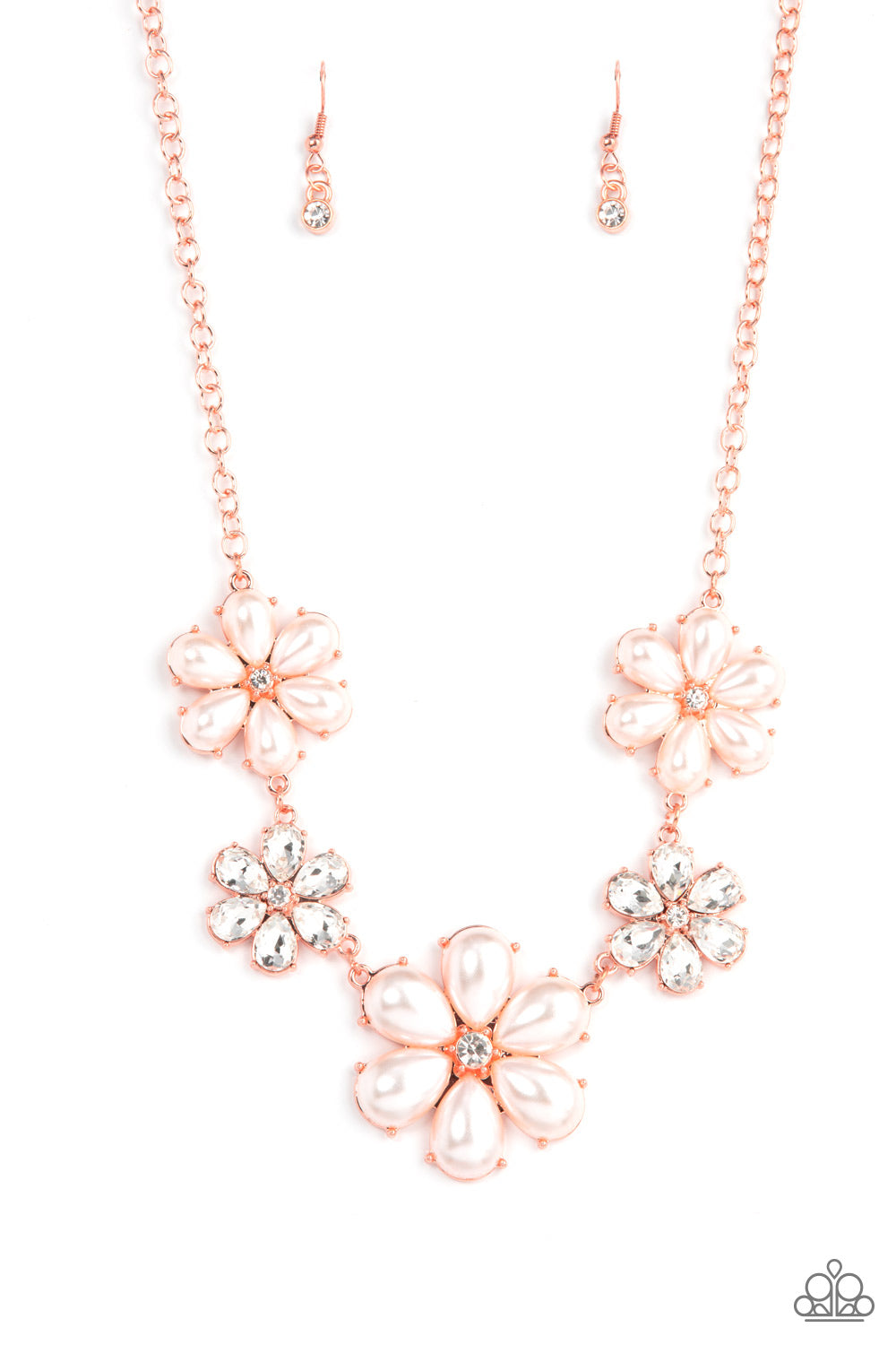 Fiercely Flowering - Copper, Pearl, & White Rhinestone Flower Paparazzi Necklace & matching earrings