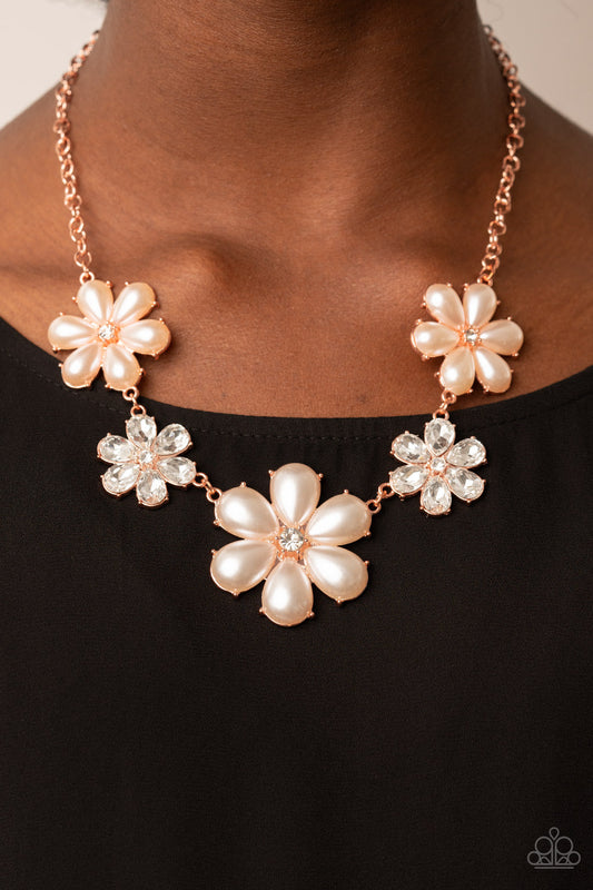 Fiercely Flowering - Copper, Pearl, & White Rhinestone Flower Paparazzi Necklace & matching earrings