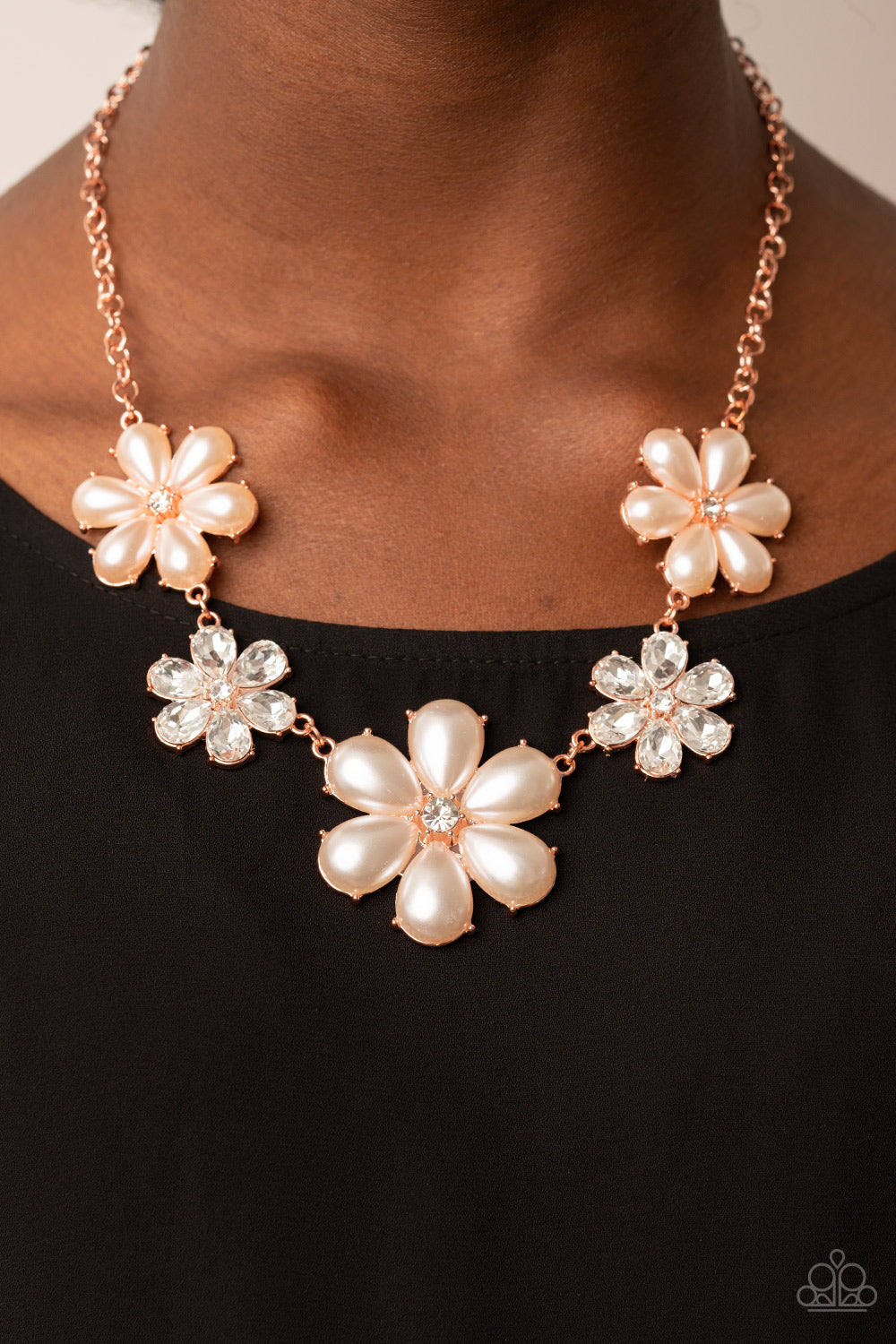 Fiercely Flowering - Copper, Pearl, & White Rhinestone Flower Paparazzi Necklace & matching earrings