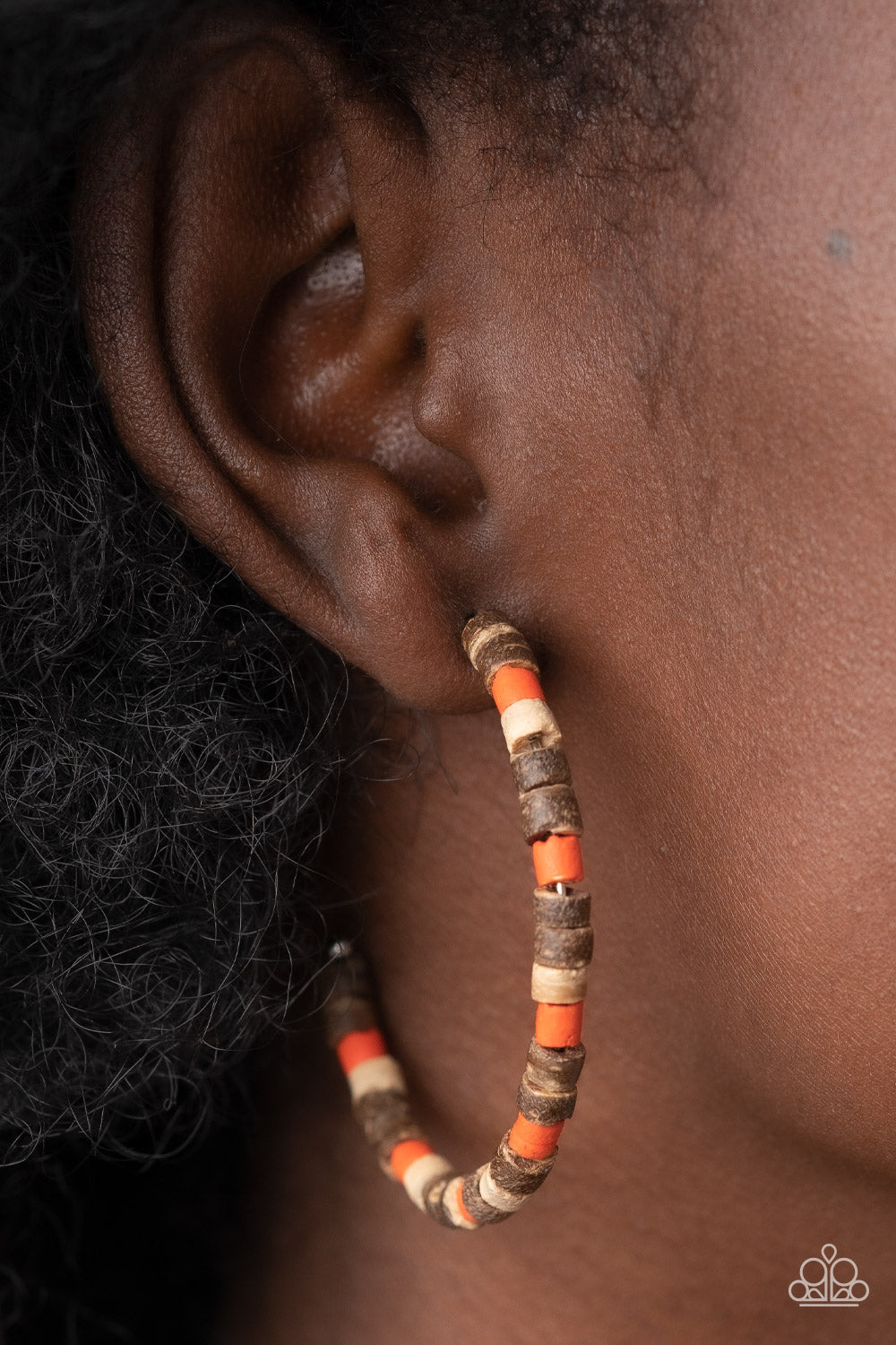 Effortlessly Earthy - Orange & Rustic Wooden Beaded Paparazzi Hoop Earrings