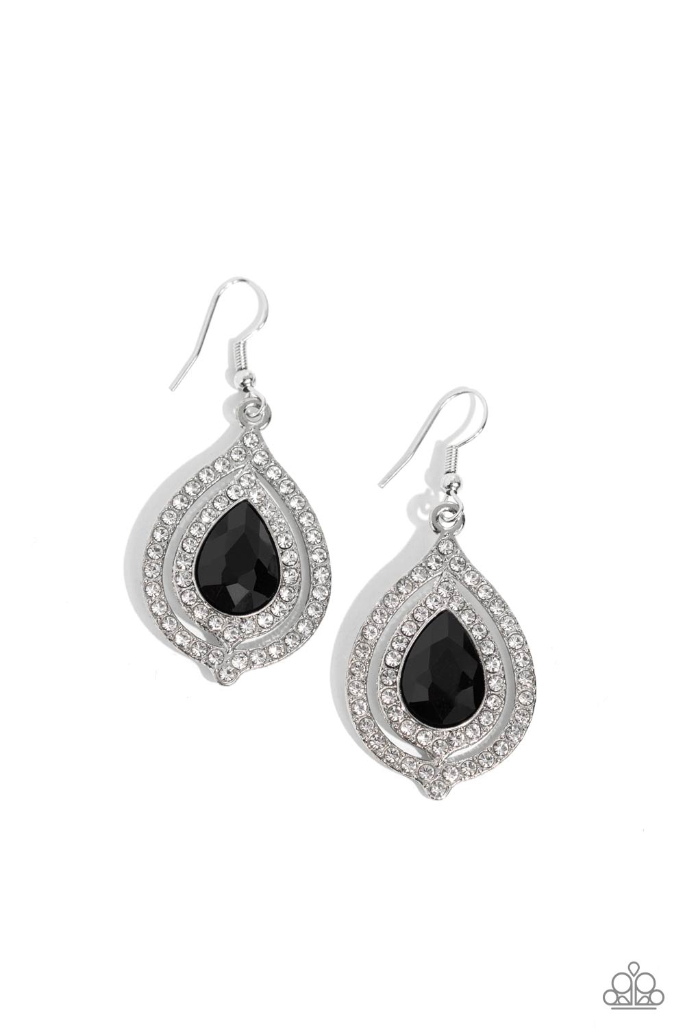 Let's GLOW, Girls! - Black Oversized Teardrop Gem/Dainty White Rhinestones Paparazzi Earrings