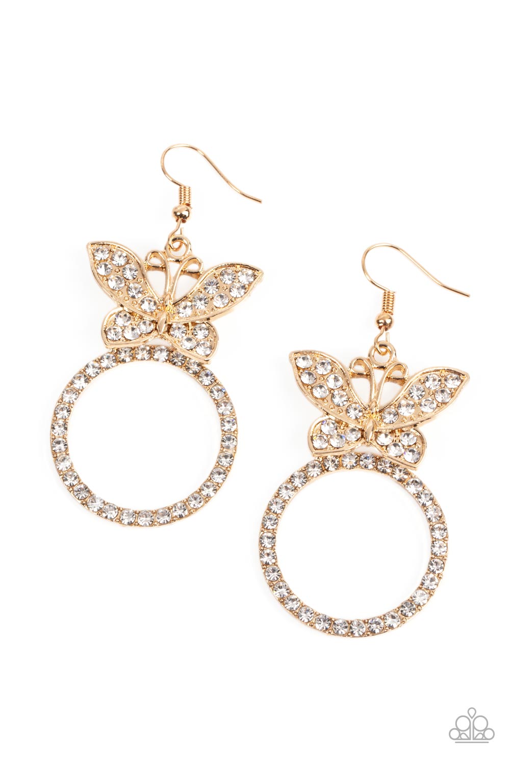 Paradise Found - Gold & White Rhinestone Encrusted Butterfly Paparazzi Earrings