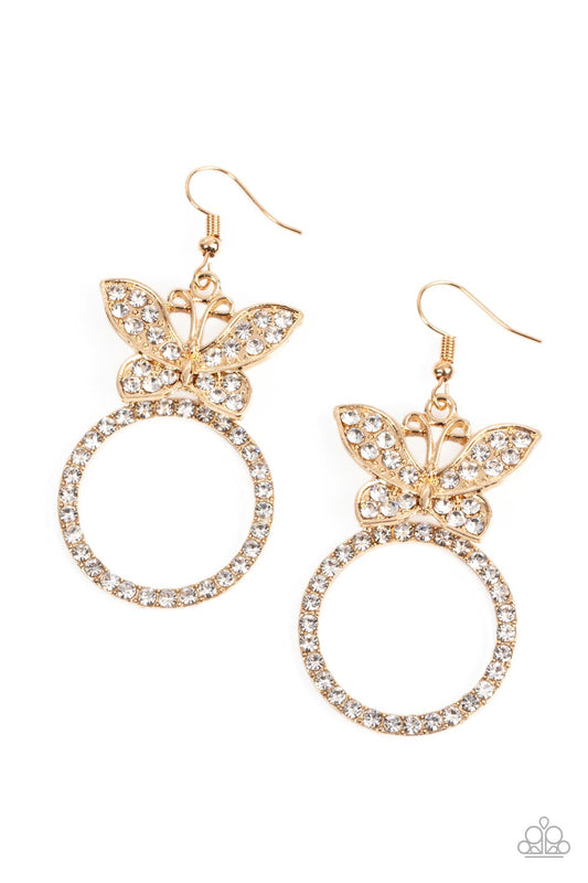 Paradise Found - Gold & White Rhinestone Encrusted Butterfly Paparazzi Earrings