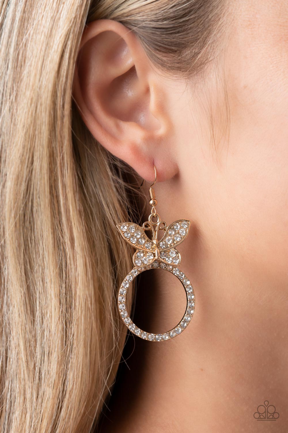 Paradise Found - Gold & White Rhinestone Encrusted Butterfly Paparazzi Earrings