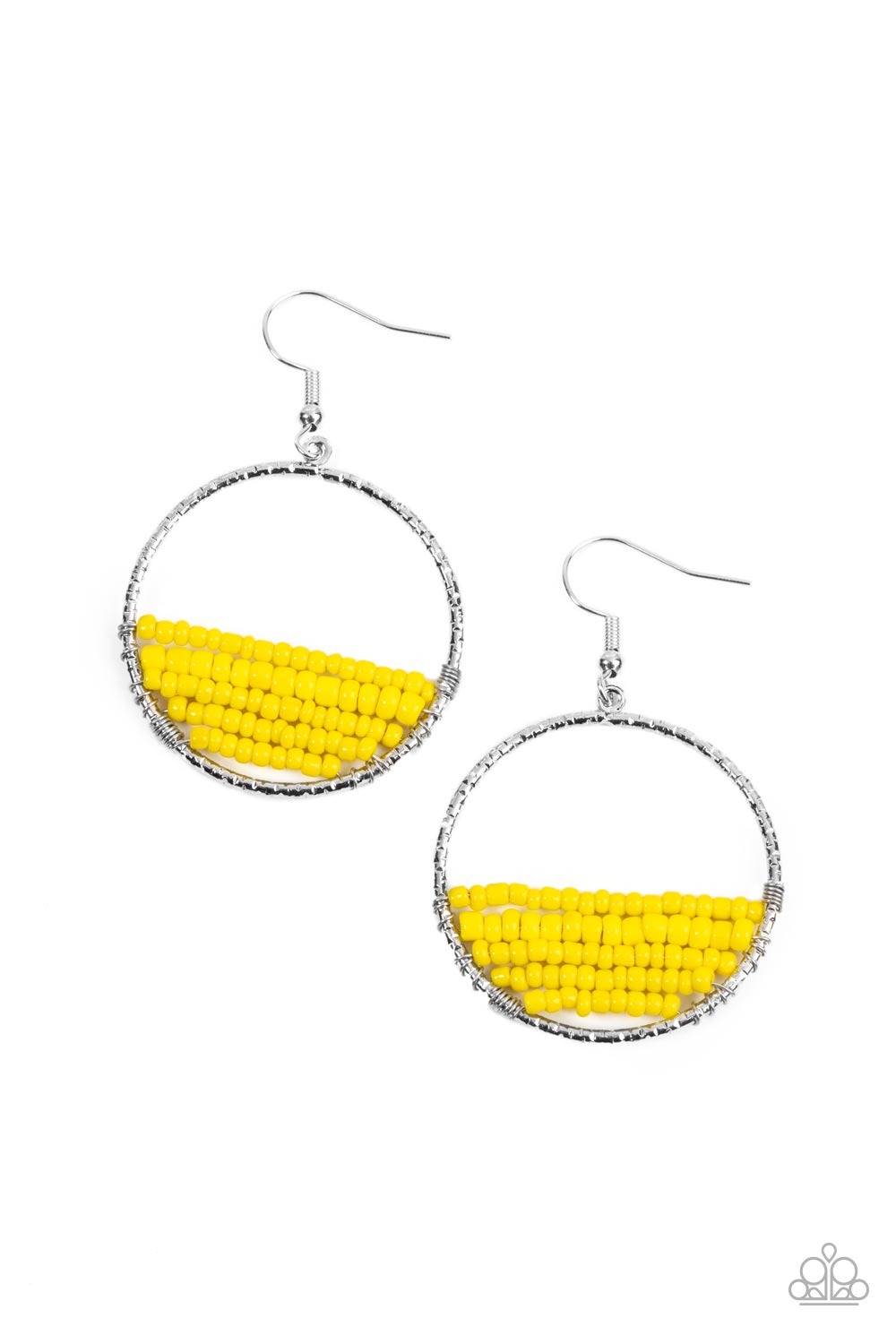Head-Over-Horizons - Yellow Seed Bead & Textured Silver Ring Paparazzi Earrings