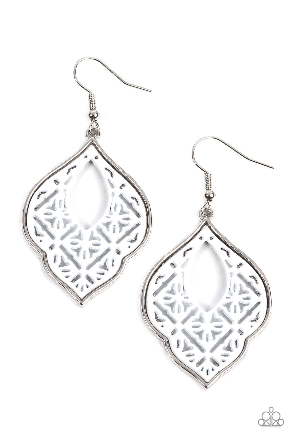 Thessaly Terrace - White Floral-Like Pattern Paparazzi Earrings