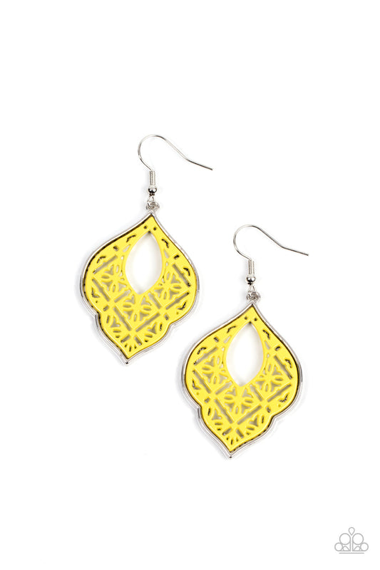 Thessaly Terrace - Yellow Floral-Like Pattern Paparazzi Earrings