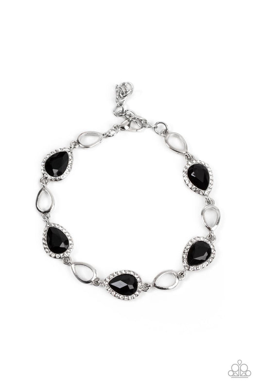 Timelessly Teary - Black Teardrop Gems, White Rhinestone, & Airy Silver Teardrop Frame Paparazzi Adjustable Bracelet