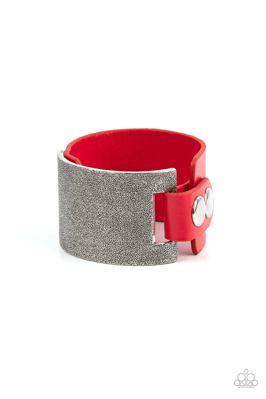 Studded Synchronism - Red Leather & Curved Tin Finish Silver Panel Paparazzi Snap Bracelet