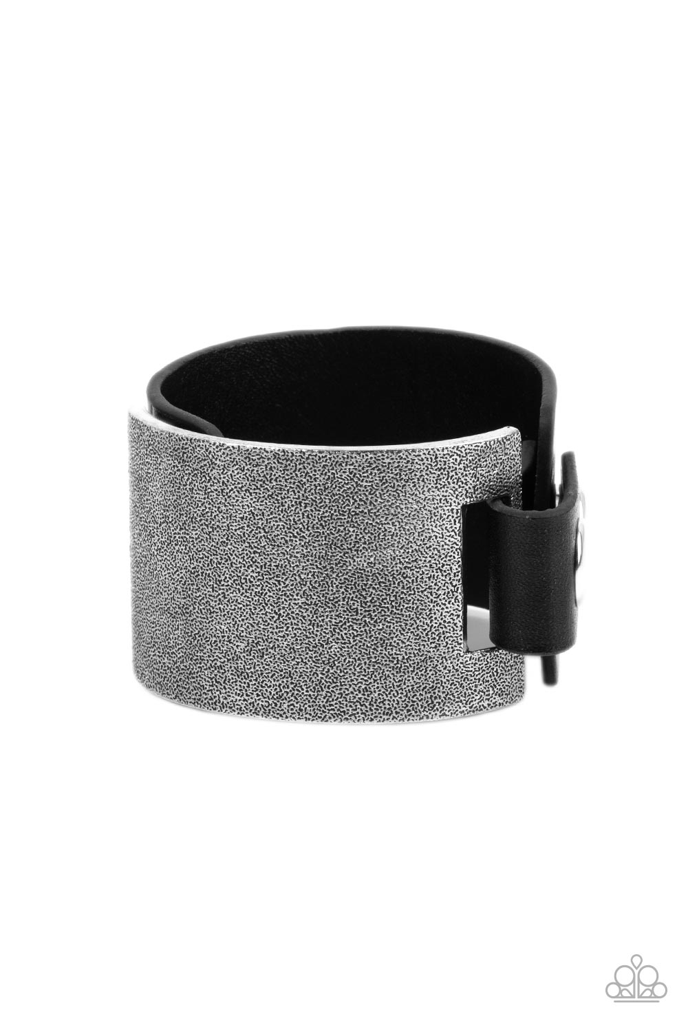 Studded Synchronism - Black Leather & Tin Finished Silver Panel Paparazzi Snap Bracelet