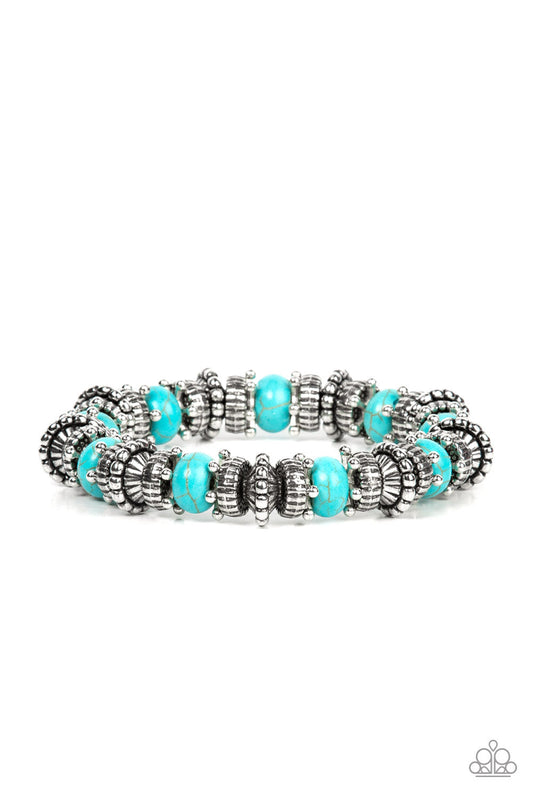 Canyon Crusher - Blue/Turquoise Stones, Silver Stars, & Textured Accent Paparazzi Stretch Bracelet