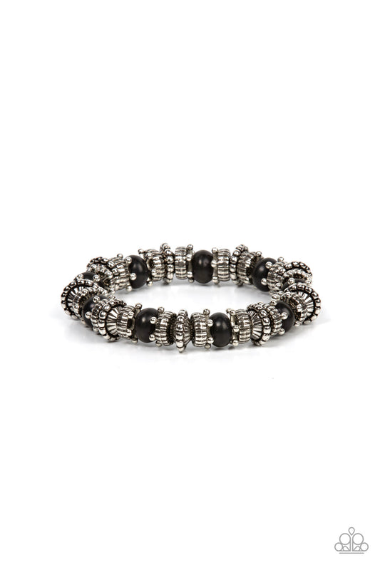 Canyon Crusher - Black Round Stone Beads, Studded Silver Stars, & Silver Accent Paparazzi Stretch Bracelet