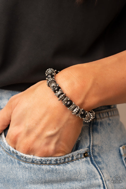 Canyon Crusher - Black Round Stone Beads, Studded Silver Stars, & Silver Accent Paparazzi Stretch Bracelet