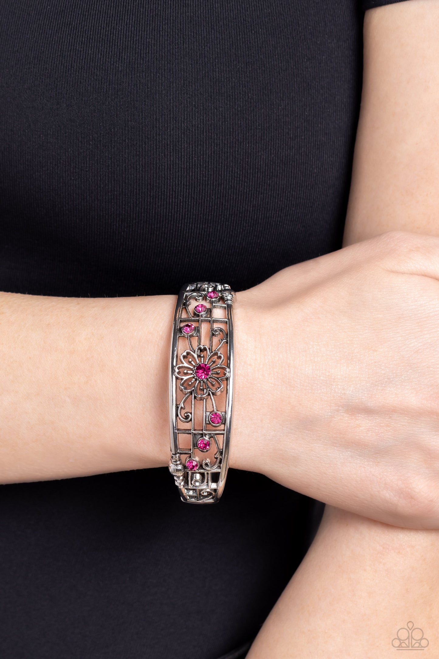 Prairie Musical - Pink Rhinestones & Airy Floral Design Paparazzi Hinge Bracelet