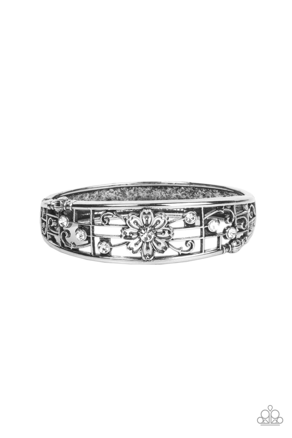 Prairie Musical - White Rhinestone & Airy Floral Paparazzi Hinge Bracelet