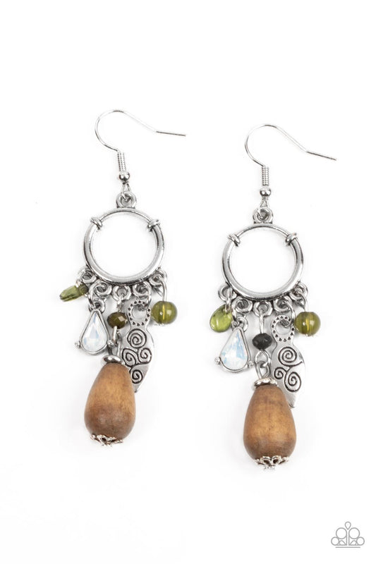 Bountiful Blessings - Green & Opal Crystal-Like Accents, Wooden Teardrop, & Mismatched Silver Accent Paparazzi Earrings